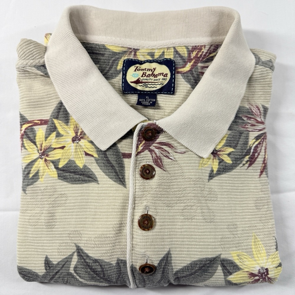 Vintage Tommy Bahama Hawaiian Polo Shirt XL Floral Tropical Island Resort‎ Beige - Picture 14 of 14